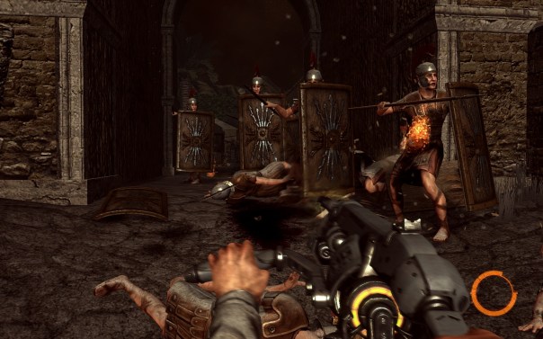 Pop quiz: Which is more anachronistic: the Roman equipment worn here, or the incendiary rifle? Hint: trick question.