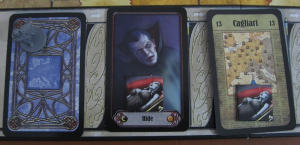 It actually turns out that encounter tiles on the Hide card can't be "matured"—that is to say, the vampire won't help Dracula win. But we didn't know this at the time. The rulebook is a bit poop.