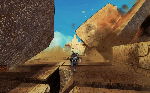 It's actually one stone that he cut in half so he could run between the halves as they hurtled towards him. Check out the grain lines—they match! Nerd squee!