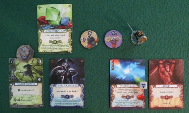 Let's talk mana. Every day and night, some colorful dice are rolled. These indicate natural mana power that any Mage Knight can take advantage of. Normally you can only use one of these dice every turn, but some cards let you use more. You can also find or manufacture colored crystals that you can use. And some cards give you mana "tokens," which means temporary mana that must be used up before the end of the turn. In this instance, Tovak used "Concentration" to have a red mana token. He empowered "Pure Magic" with a blue die, then used that mana token to empower that ability to make a powerful attack. Let's talk mana. Every day and night, some colorful dice are rolled. These indicate natural mana power that any Mage Knight can take advantage of. Normally you can only use one of these dice every turn, but some cards let you use more. You can also find or manufacture colored crystals that you can use. And some cards give you mana "tokens," which means temporary mana that must be used up before the end of the turn. In this instance, Tovak used "Concentration" to have a red mana token. He empowered "Pure Magic" with a blue die, then used that mana token to empower that ability to make a powerful attack.