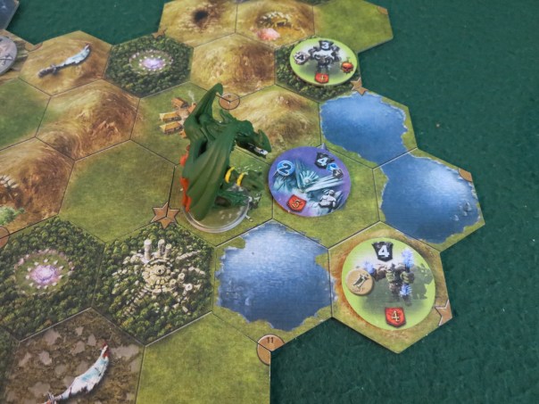 Orcs and dragons are "rampaging," so you can't move between hexes that are adjacent to them without incurring their wrath. You also challenge them from an adjacent space rather than moving to where they are. Not all enemies are like that though—this Mage Tower, for instance, must see you moving onto it to besiege it. All Mage Towers, Keeps, and Cities are fortified, making combat harder. Orcs and dragons are "rampaging," so you can't move between hexes that are adjacent to them without incurring their wrath. You also challenge them from an adjacent space rather than moving to where they are. Not all enemies are like that though—this Mage Tower, for instance, must see you moving onto it to besiege it. All Mage Towers, Keeps, and Cities are fortified, making combat harder.