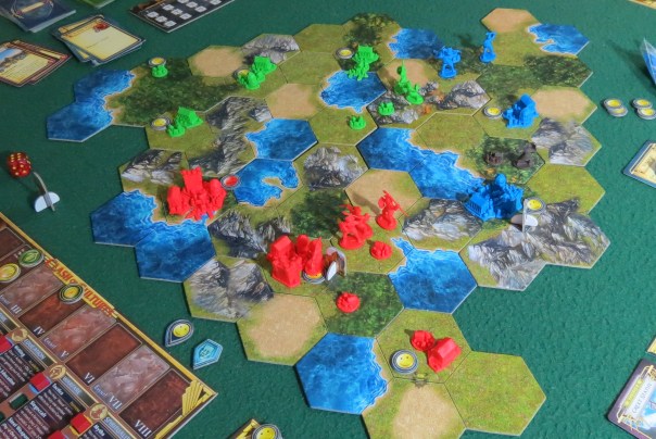 This was how our most recent game ended. Red and blue were neck-and-neck, though red won after a couple tie-breakers (they had more city-pieces).