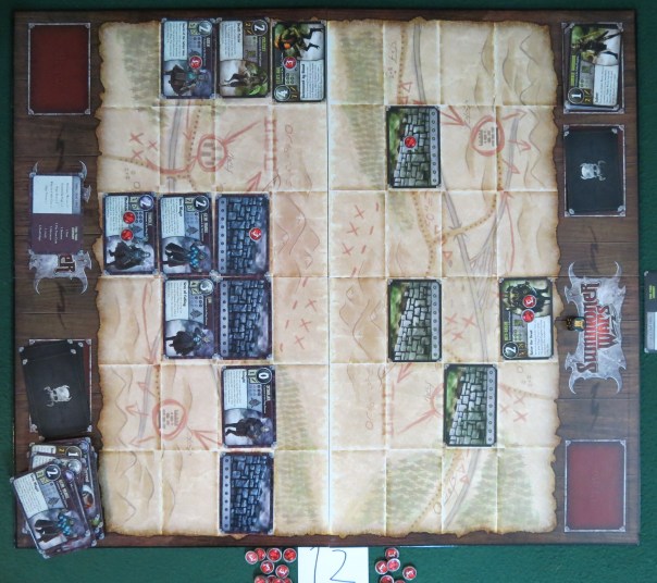 Now the turns become a flurry of movements and attacks, since neither of us have the cards or resources to do much else. Now the turns become a flurry of movements and attacks, since neither of us have the cards or resources to do much else.