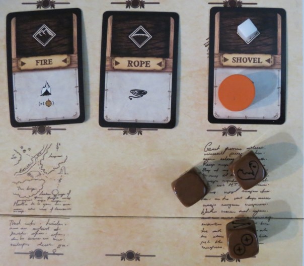 Robinson Crusoe has a few brilliant mechanics chugging away beneath the surface. The first is that you select your actions with one of your two "pawns," representing your time and attention. So long as you dedicate two pawns to certain actions (building, gathering, exploring), you'll be automatically successful — but if you only assign one pawn, you'll have to roll some dice that reveal whether you encounter complications, injuries, or even if you complete the action at all. It's a clever and harsh mechanic that formalizes the need to cut corners in order to survive. Robinson Crusoe has a few brilliant mechanics chugging away beneath the surface. The first is that you select your actions with one of your two "pawns," representing your time and attention. So long as you dedicate two pawns to certain actions (building, gathering, exploring), you'll be automatically successful — but if you only assign one pawn, you'll have to roll some dice that reveal whether you encounter complications, injuries, or even if you complete the action at all. It's a clever and harsh mechanic that formalizes the need to cut corners in order to survive.