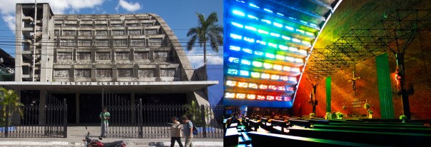 The Iglesia El Rosario, built over the ruins of the church built by José Matías Delgado, father of Central American independence, and using local resources (such as the bare concrete exterior, wrought iron, and unpredictable fragments of stained glass) is an example of both Christian and revolutionary architecture. Its open design eschews pillars; one of its central design goals, according to its architect Ruben Martinez, was to create a church that faced the people rather than fleeing from God.
