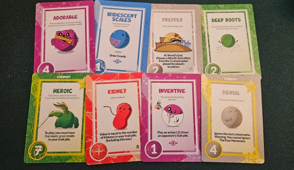 Pick at random. Go for it. The only problem is that you might incidentally cheat by selecting too many dominant traits. The last time that happened, we let the offending player keep her three dominants. Because why not? At least her tableau was flavorful.