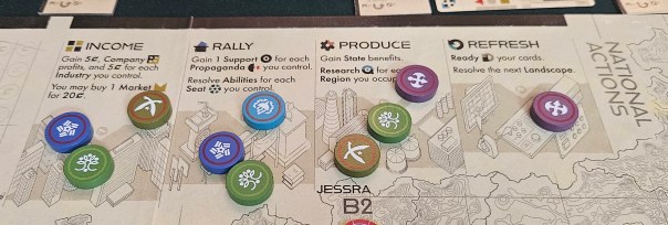 I don't even discuss these in the review, but "national actions" are powerful actions that can only be taken once per player until the entire set is refreshed. It's a smart way to spread out certain actions that would otherwise be too potent.