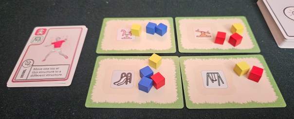 I know there will be some "Is this really a paxgame?" talk. So let me reiterate what I've written on the topic before: Paxgames have only two qualifications, one mechanical and the other thematic. Mechanically, they're about market manipulation. This game's market is only two cards, but it's there and it can be manipulated. Thematically, they're about middle managers trying to become bosses. Which is about as good a description of kids as I've ever seen.